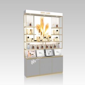 Customized Skincare Store High Cabinet with Lightbox Gray Wooden Beauty Display