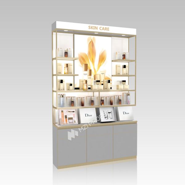 Customized Skincare Store High Cabinet with Lightbox Gray Wooden Beauty Display