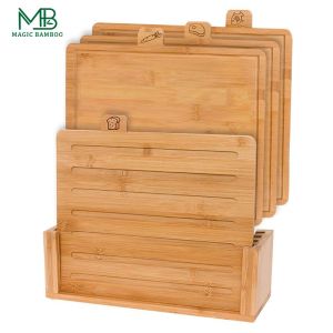 Bamboo cutting board set 4 coded with stand