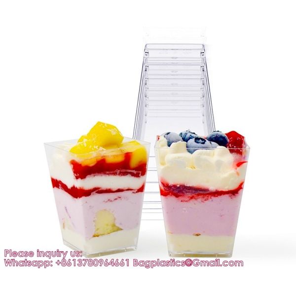 Plastic Dessert Cups Small Clear Square Parfait Cups with Spoons, Mini Plastic Tumbler Serving Cups for Tasting Party Appetizers Mousse Yogurt