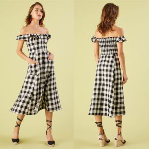 Buy cheap Black and white checked off shoulder dress from wholesalers