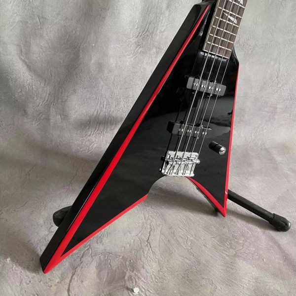 Custom 4 Strings V Shape Black Body Electric Bass Guitar Rosewood Fretboard