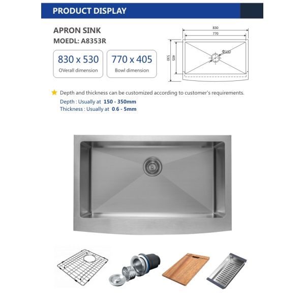 Single Bowl Farmhouse Kitchen Sink 33x22 Inch , 16 Gauge Curved Apron Front Sink