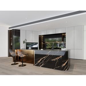 Luxury SS Modern Kitchen Cabinet With Multifunctional Curved Metallic Gold