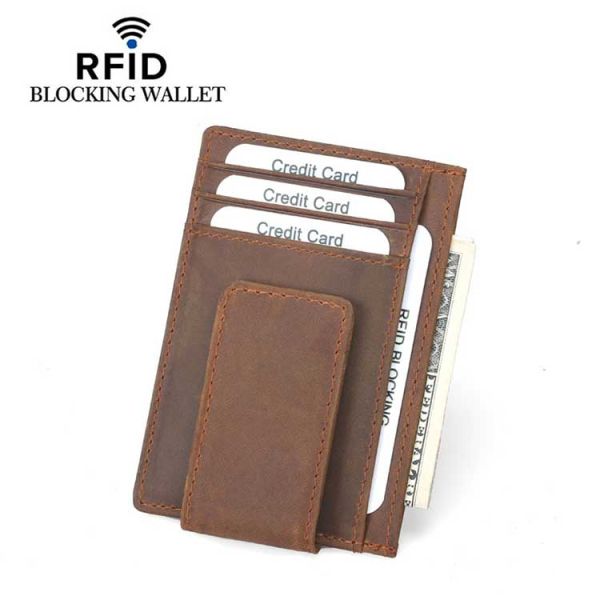 GENUINE LEATHER Vintage Cow Slim Front Pocket Rfid Blocking Card Holder Wallet Men Strong Magnet Leather Money Clip