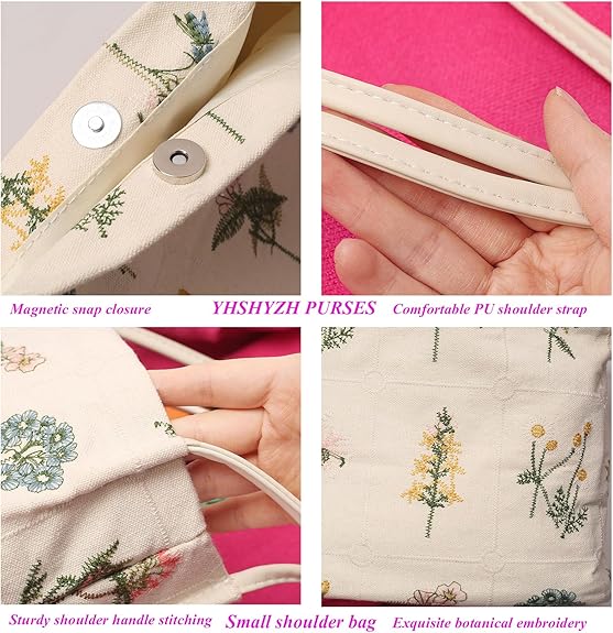 Floral Canvas Purse for Women, Embroidered Handbag, Small Daily Work Bag with Pu Handle, Fall Tote Bag, Chtistmas Gifts
