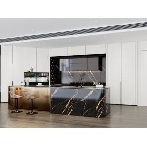 Luxury SS Modern Kitchen Cabinet With Multifunctional Curved Metallic Gold