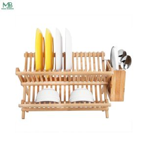 Bamboo Foldable Bowl Storage Holder Drain Rack