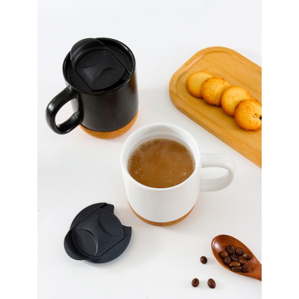 Matte black white ceramics travel mugs cork bottom customizable porcelain ceramic coffee mugs with lid and handle
