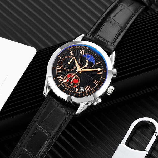 Multifunctional Triple Date Moonphase Watch Waterproof For Men