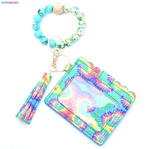 Leopard Keychain Wallet With Wristlet Bangle Bracelet Silicone Beads Bracelet PU
