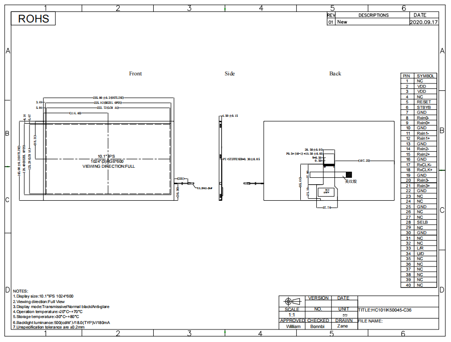 1024*600 10.1 Inch LCD Screen IPS TFT Panel For Hydrogen Water Dispenser