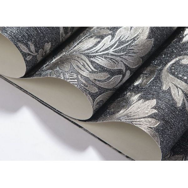 Removable Embossed Vinyl Wallpaper with Sliver and Black Damask Pattern