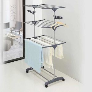3 Tier Foldable Laundry Rack Movable With Wheels And Hooks