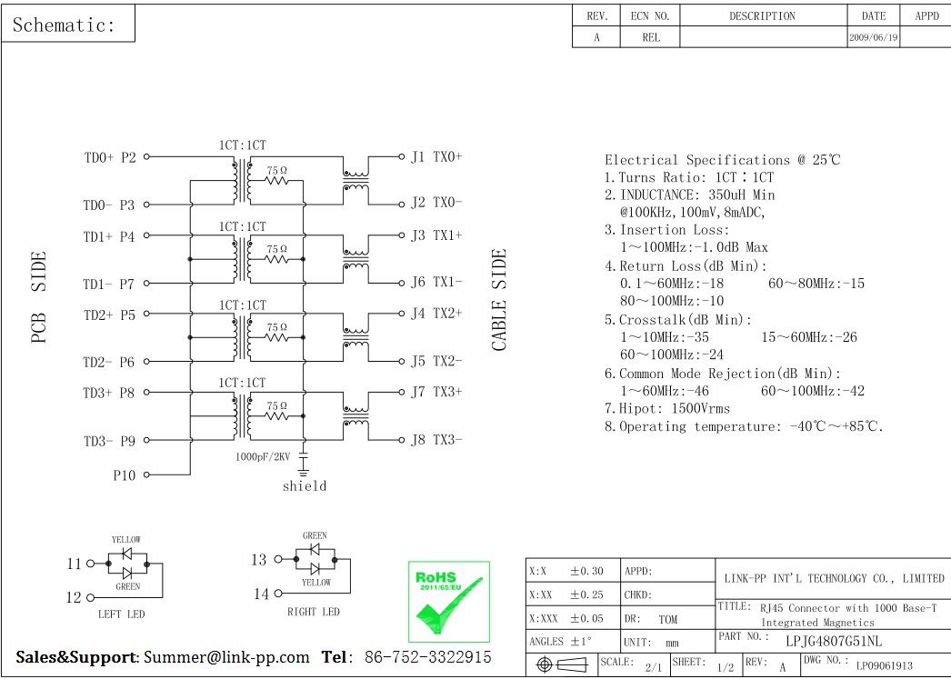 7499111440 Right Angle RJ45 LPJG4807G51NL WE-RJ45 LAN Gigabit