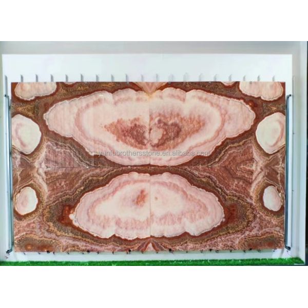 Backlit Red Onyx Marble Stone Book Matched Slab for Transparent Marble Table Pattern
