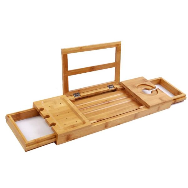 Modern Bath Bamboo Tray Caddy Extendable Bath Rack Tray
