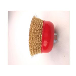 Wholesale 5'' wire cup brush,coarse crimped brass coated wire 0.014'',with M14 by 2 threaded arbor from china suppliers