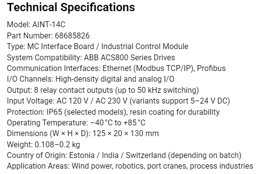 ABB AINT-14C Main Control Interface Board with DC 24V Input Voltage and Enhanced Environmental Adaptability for Stable Signal Transmission