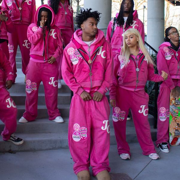 Custom Logo Pink Zipper Hoodie Set Embroidery Patch Distressed Screen Printing Sweat Jogging Suits Tracksuit Unisex Streetwear