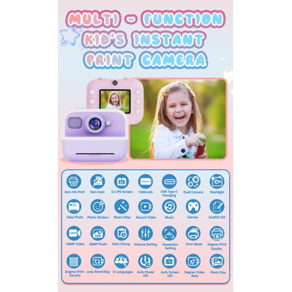 2.4Inch Screen Mini Inkless Printer Portable Digital Camera Kids Gift