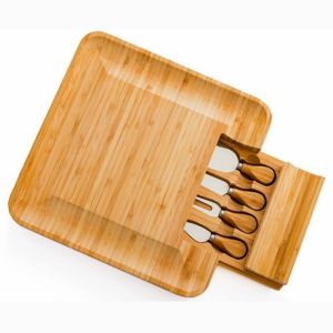 Custom Logo Rectangle Bamboo Meat Charcuterie Cheese Board with Knives Durable