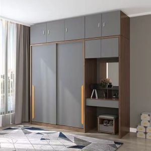 NO Folded Modern Style Walnut Sliding Doors Wardrobe with Dressing Table