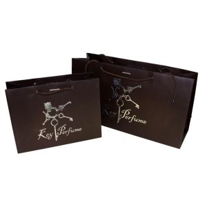 China Stamped Logo Brown Matte Coated Paper Carrier Bag Silvery Embossed Logo Twist Rope Handle 210g on sale