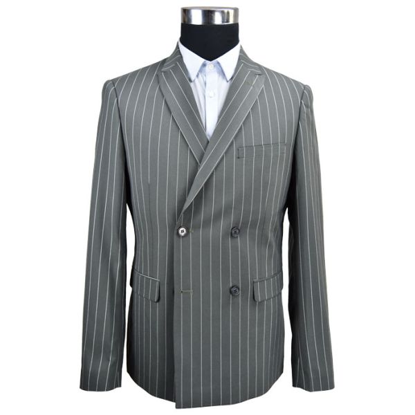 Grey Stripe Mens Slim Fit Suit Blazer Double Breasted Anti Shrink Breathable