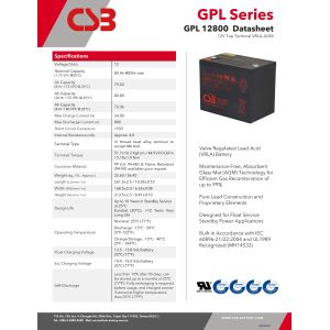 CSB Battery GPL12800 12V 80Ah Long Life Maintenance-Free Rechargeable VRLA CSB