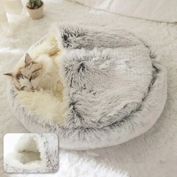 Chunky Plush Hooded Calming Dog Bed Nest Cat Bed 2 In 1 Cat Cave Donut Cat Bed