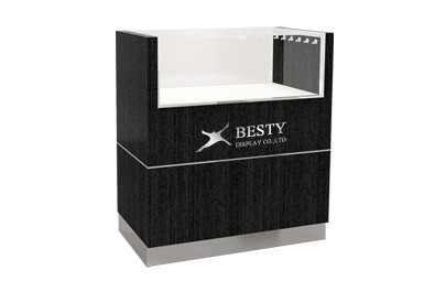 Timber veneered MDF Flat showcase featuring LED lighting and drawer open from