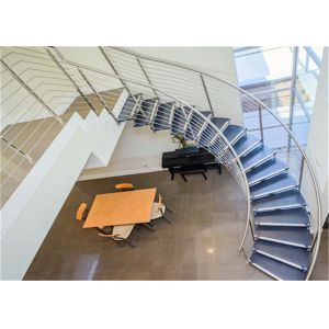 Compact Wood Tread Building Curved Stairs With Standoff Glass Railing