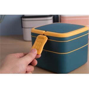 Double-Layer Portable Plastic Bento Lunch Box With Lid 1000ML Rectangular Blue