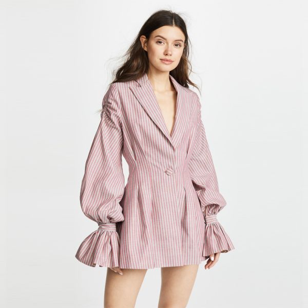 Stripe ballon sleeves V neck blazer mini dress