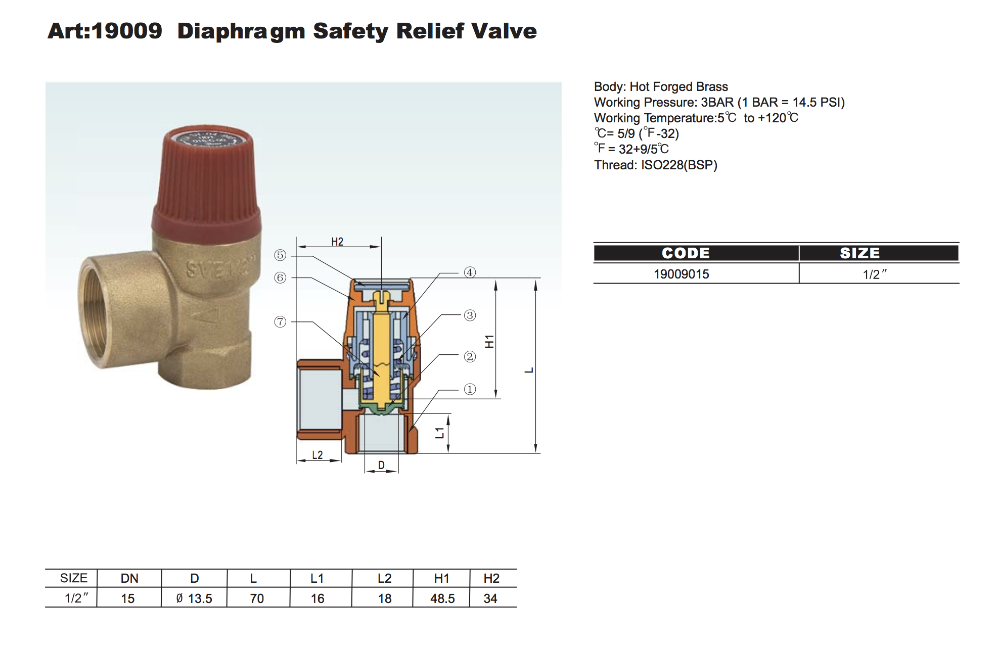 Forging diaphragm safety relief valve 19009 and 190010 in 1/2" 3 bar