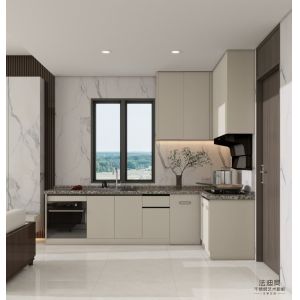 China Fadior Modern Beige Stainless Steel L Shaped Kitchen Cabinet With Integrated Appliances on sale