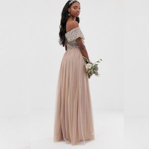 Tall Bridesmaid bardot maxi tulle dress with tonal delicate sequins in taupe