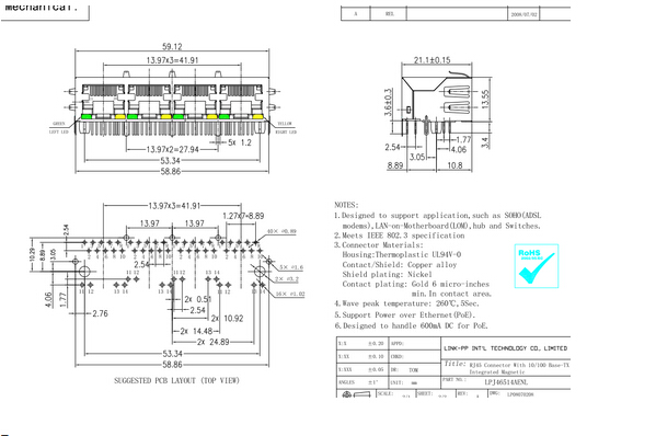 POE Right Angle RJ45 Connector Jack