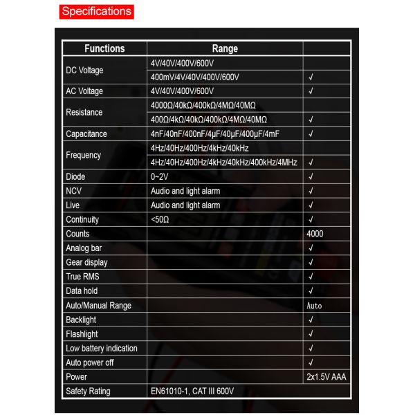 Smart Handheld Digital Multimeter with True RMS 4000 Counts Auto Range Tester for Industrial and Household Use