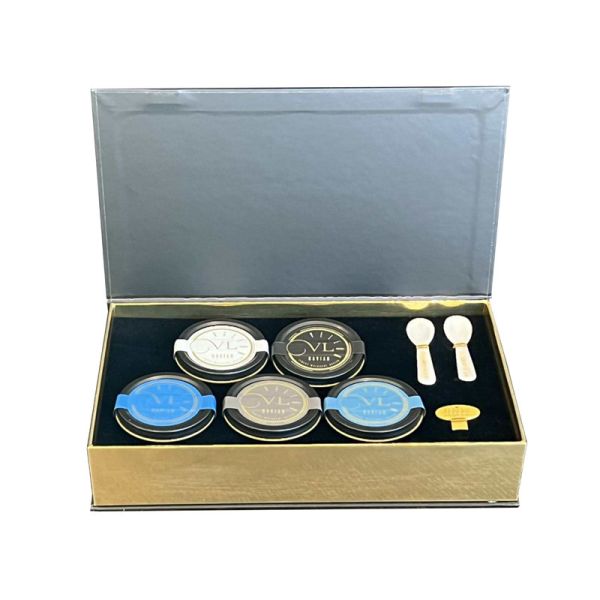 Gold Packaging Black Red Caviar Tin Jar Gift Set with Paperboard Packaging and Sleeve