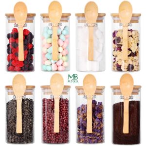 Wholesale 10 OZ Small Glass Jars set For Tea Coffee Beans Candy With Bamboo Lids