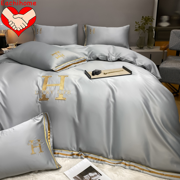 Customized HOT SEAL H Embroidered Washed Silk Four Pieces Bedding Set for All-Season