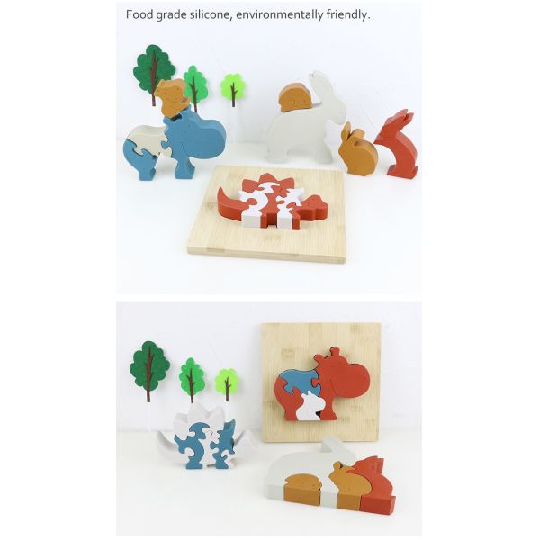 Silicone and wooden jigsaw puzzle standing animal hippo puzzle kid toys for child playing