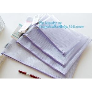 custom brand pvc mesh zippered bag, zipper document file bag with logo printed,