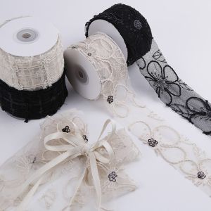 50mm Shinny Polyester Mesh Ribbon With Floral Jacquard Ribbon