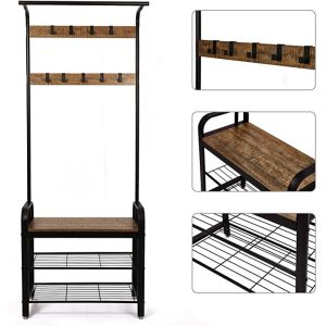 Wooden Metal Coat Rack With Shoe Bench For Entrance Area With Hooks, 3Layers