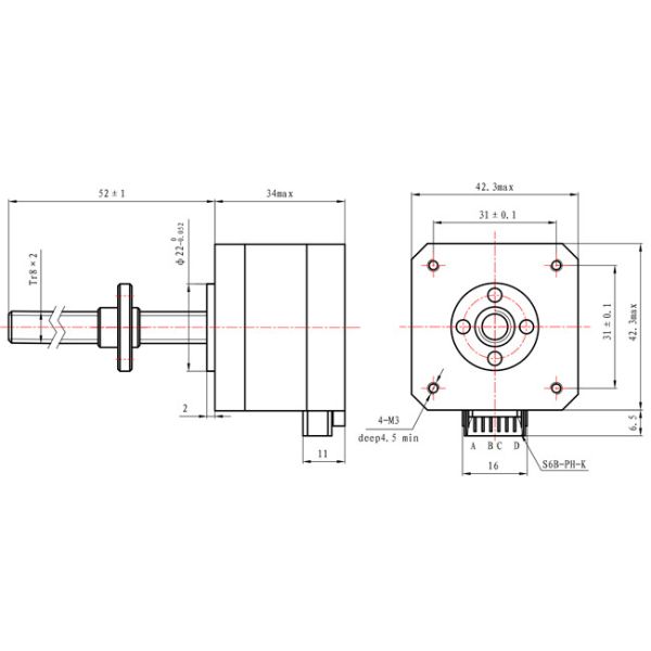 42x42x34mm 1.8 Degree 2 Phase 1.2A Hybrid Nema 17 Tr8*2 Non Captive Stepper Motor