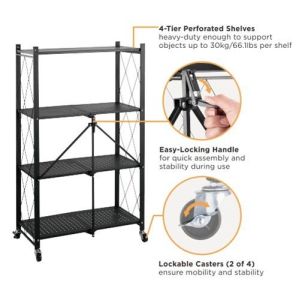 Black 4 Layer Folding Mobile Steel Shelving Unit Paint Spraying