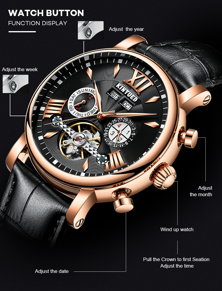 KINYUED J017-2 Silver Case Leather Strap Complete Calendar Skeleton Automatic Mechanical Wristwatches relogio masculin